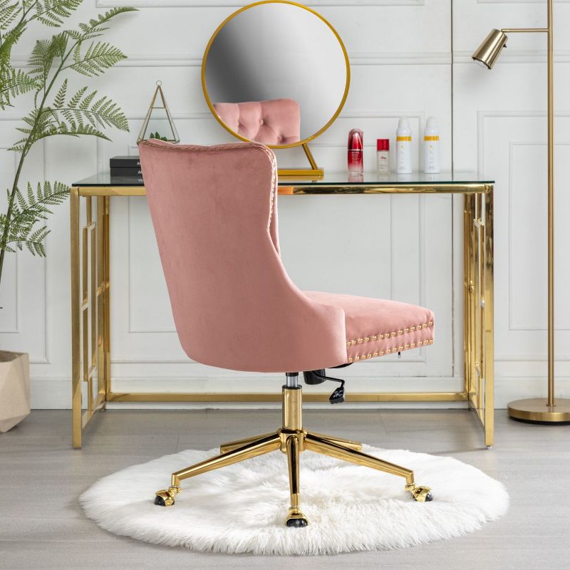 Swivel Furniture Office Chair, Adjustable Desk Ergonomic Chair, Velvet Upholstered Tufted Button Home Office Chair with Golden Metal Base-The Pop Home, 5 of 10