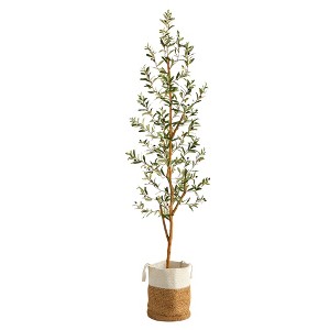 Nearly Natural 7-ft Artificial Olive Tree with Natural Trunk and Handmade Jute Basket - 1 of 4