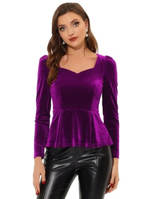 INSPIRE CHIC Women's Elegant Sweetheart Neck Long Sleeve Velvet Peplum Top
