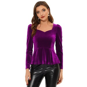 INSPIRE CHIC Women's Elegant Sweetheart Neck Long Sleeve Velvet Peplum Top - 1 of 4
