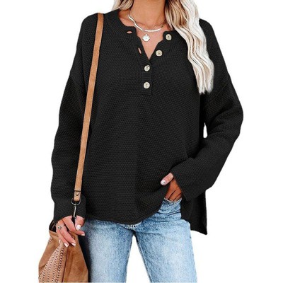 Coolmee Women's Oversized Sweaters Batwing Long Sleeve Loose V Neck Button Henley Tops Pullover Knit Jumper