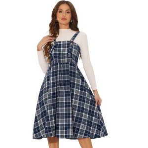 INSPIRE CHIC Women's Plaid Vintage Sleeveless A-Line Overall Pinafore Dress - 1 of 4
