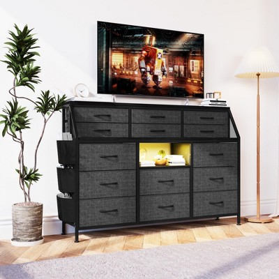 Vintage Dresser for Bedroom with 14 Fabric Drawers,TV Stand for 55 inch with Metal Frame and Wood Top Open Shelves