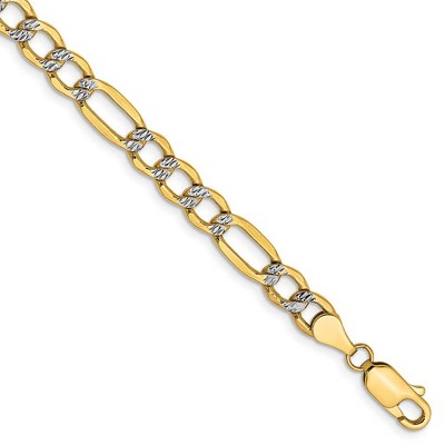 Black Bow Jewelry 5.25mm 14k Yellow Gold & Rhodium Hollow Pave Figaro Chain Bracelet