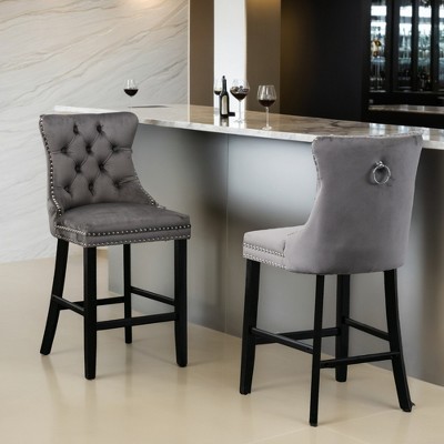 Counter Height Bar Stools Set of 2, Velvet Upholstered Dining Chairs with Nailhead Trim, Wooden Legs, Button Tufted Decor - Leovsnove
