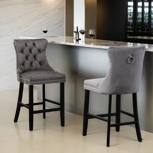 Counter Height Bar Stools Set of 2, Velvet Upholstered Dining Chairs with Nailhead Trim, Wooden Legs, Button Tufted Decor - Leovsnove - 1 of 4