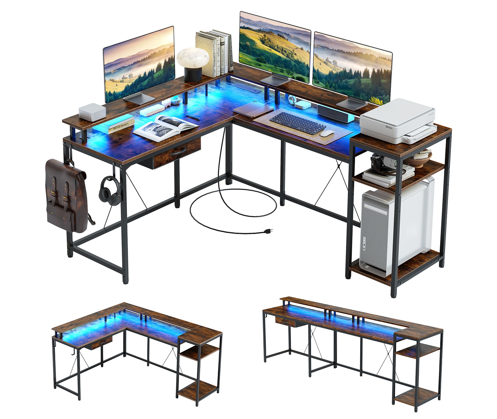 L Shaped Gaming Desk, 68" Computer Desk with File Drawer and Power Outlet