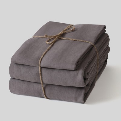 Image of Fabdreams 100% Organic Linen 4-Piece Sheet Set- Stonewashed Finish (King, Dark Gray)