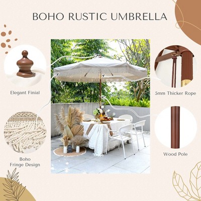 Ivory Chevron 9' Boho Patio Umbrella with Wooden Pole and Cotton Fringe