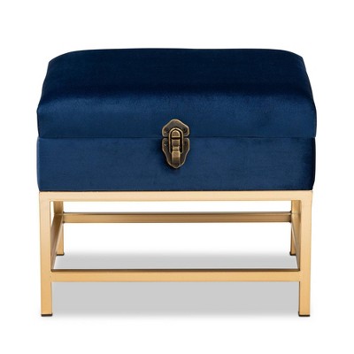 Navy Blue Velvet Tufted Storage Ottoman with Gold Metal Legs