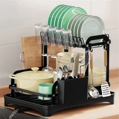 LunaLulinlk Dish Drying Rack, 2 Tier Dish Racks with Water Tray Dish Drainer for Kitchen Counter with Utensil & Cup Holder