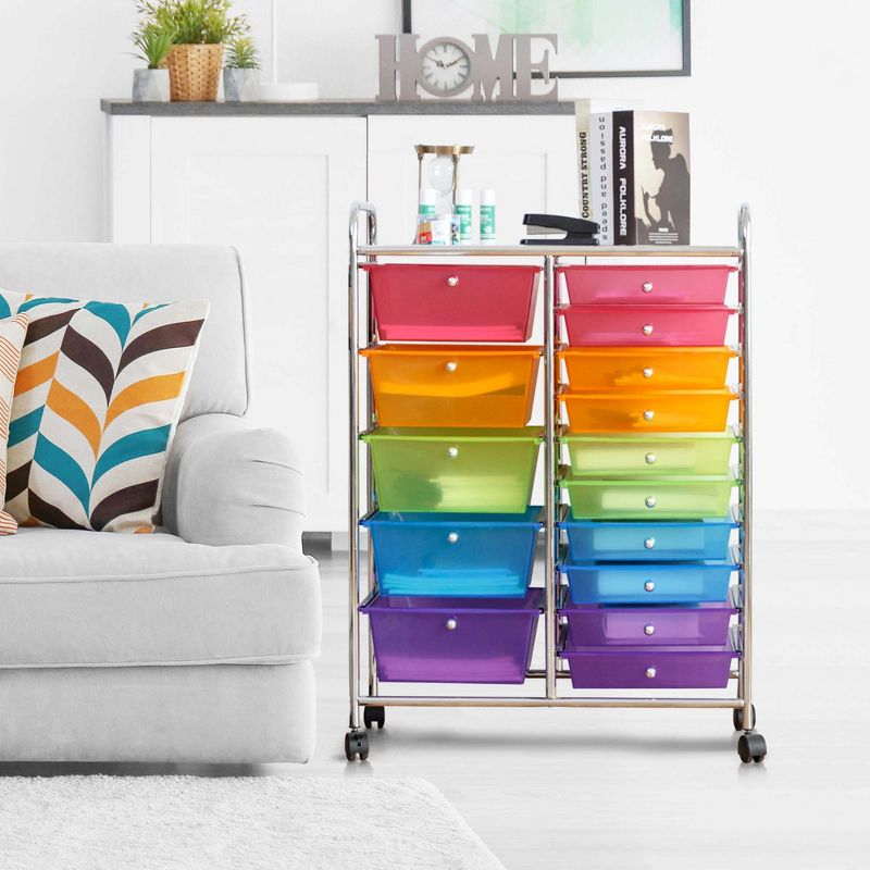 Costway 15 Drawer Rolling Storage Cart Tools Scrapbook Paper Office School Organizer Colorful, 3 of 13