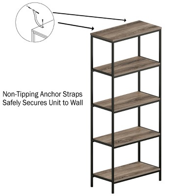 Rustic Gray Woodgrain 5-Tier Industrial Bookshelf