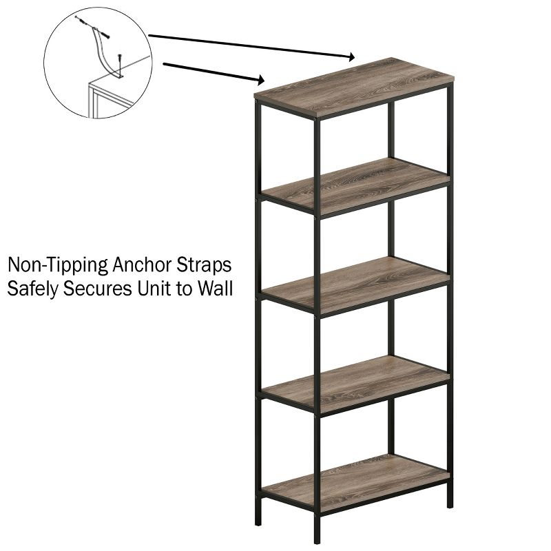Lavish Home 5-Tier Bookshelf - Open Industrial Style Etagere Wooden Shelving Unit, 4 of 8