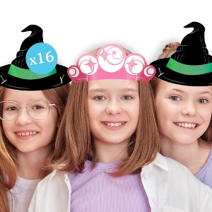 Big Dot of Happiness Paper Witch Hat and Pink Crown Headbands, Pink and Green Girls' Birthday Party, DIY Halloween Costume Party Hat Favors, 16 Count - 1 of 4