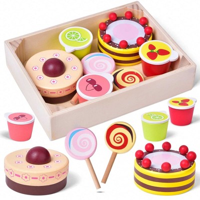 Fun Little Toys Colorful Wooden Play Food Set, Kitchen Pretend Play Toys, Birthday Party Supplies for Boys & Girls