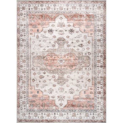 4' x 6' Orange and White Medallion Washable Synthetic Rug