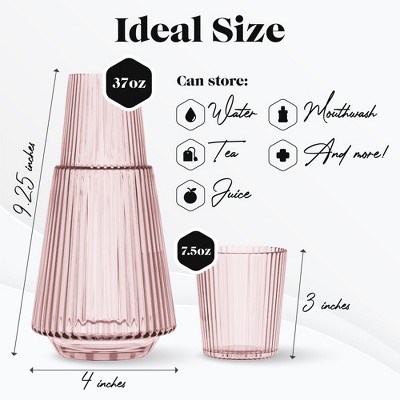 Pink Ribbed Glass Bedside Water Carafe with Tumbler Lid