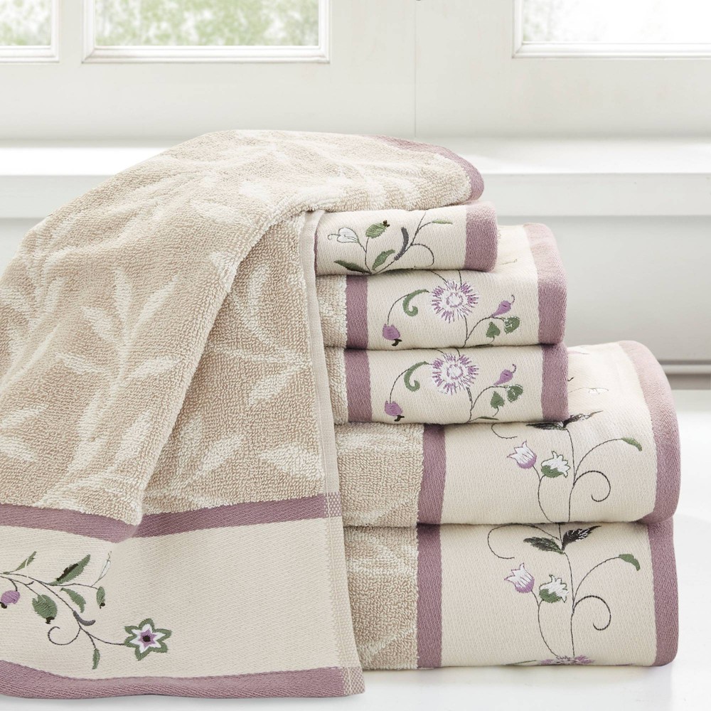 Photos - Towel 6pc Monroe Embroidered Cotton Jacquard  Set Purple - Madison Park