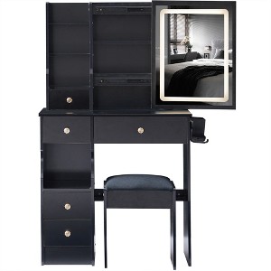 50.40"Small Size Left Drawer Desktop Vanity Table + Cushioned Stool, 2 AC+2 USB Power Station, Hair dryer bracket, Black - 1 of 4
