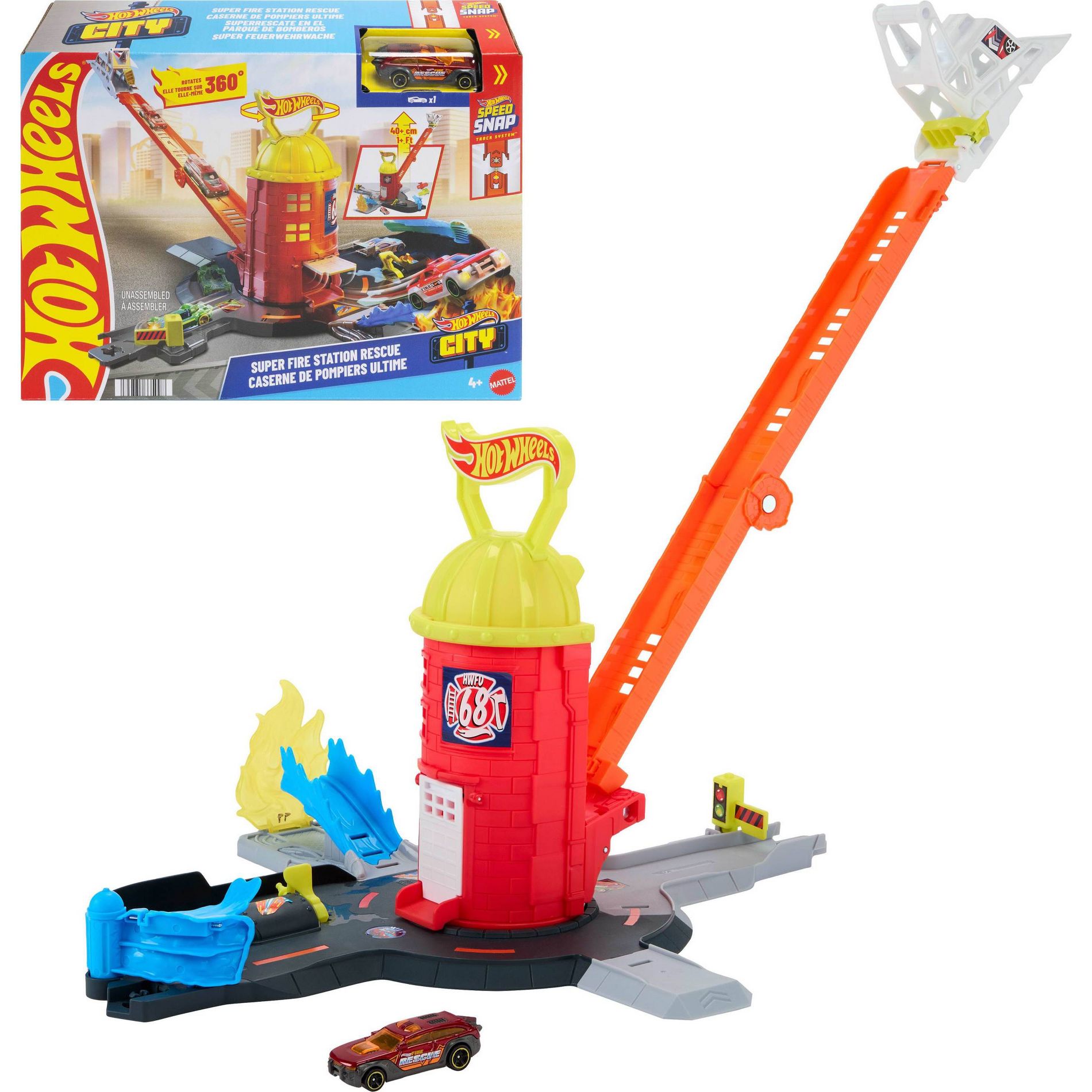 Hot Wheels City Super Fire Station Rescue Playset and 1:64 Scale Toy Car Track Extends 16”