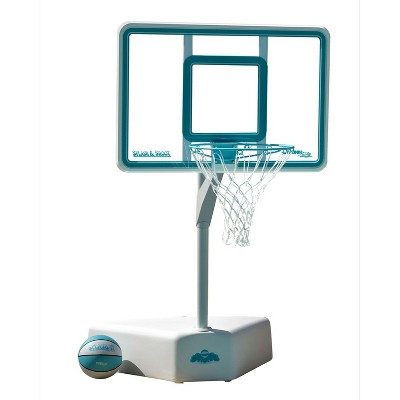 Dunn-Rite Splash & Shoot Outdoor Adjustable Height Swimming Pool Basketball Hoop w/ Ball, Base, & 18 Inch Stainless Steel Rim for Adults & Kids, Clear