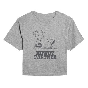 Women's - Peanuts - Charlie Snoopy Howdy Partner -Juniors Cropped Short Sleeve Graphic T-Shirt Cropped Graphic T-Shirt - 1 of 4