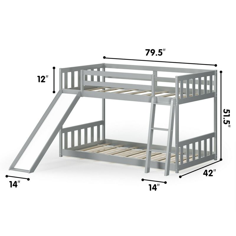 Costway Twin over Twin Bunk Wooden Low Bed with Slide Ladder for Kids, 3 of 11