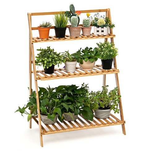 Tangkula 3 Tier Folding Storage Shelf Bamboo Ladder Plant Stand Flower ...