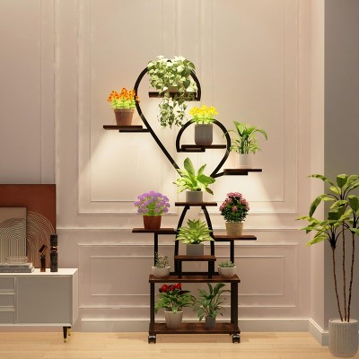 INFURNIC Planter Stands and Holders Heart Shape Indoor Plant Stand with Grow Light and Storage Rack for Home Patio, Brown, 28.3"*10.2"*62"