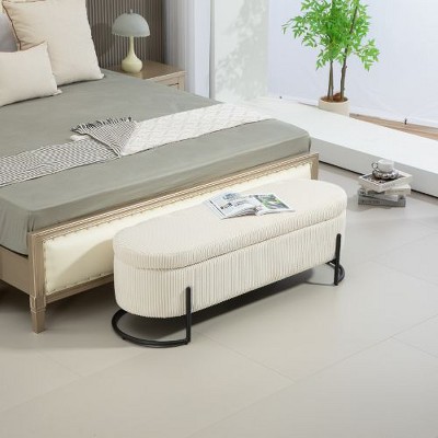Sapphtopaz Oval Storage Ottoman Bench with Safety Hinge, Velvet Storage Bench with Padded Top, Upholstered Bedroom End Bench for Bedroom