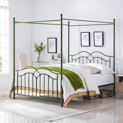 JUJABU Queen Size Metal Canopy Bed Frame with Sturdy 4-Post, No Box Spring Needed