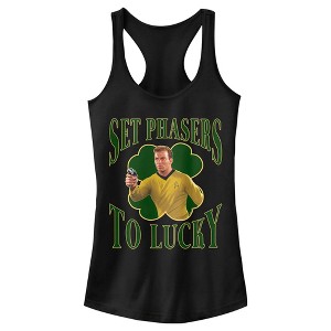 Juniors Womens Star Trek: The Original Series St. Patrick's Day Captain Kirk Set Phasers to Lucky Racerback Tank Top - 1 of 4