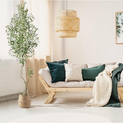 Whizmax Curved Artificial Olive Trees, Tall Faux Plant White Planter, Fake Olive Trees with Natural Wood Trunk for Home Office Decor