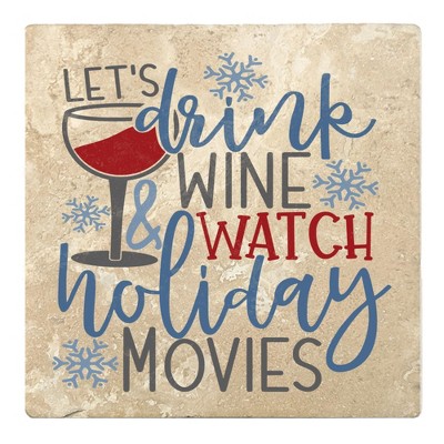 Christmas by Krebs Set of 4 Ivory and Blue "LET'S drink WINE and WATCH holiday MOVIES" Square Coasters 4"