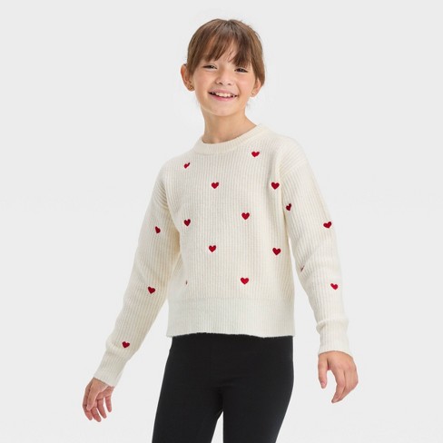 Girls' Embroidered Heart Pullover Sweater - Cat & Jack™ Cream L : Target