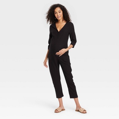 The Nines by HATCH&#8482; 3/4 Sleeve Button-Front Cropped Maternity Jumpsuit Black M