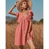 Women's Ruffle Babydoll Dress Short Sleeve V Neck High Waist Botton Casual Loose Flowy Swing Pleated Tunic Dress - 2 of 4