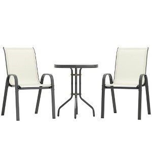 Resenkos 3 Pieces Bistro Set, Small Patio Furniture Set with Stackable Chairs and Glass Table for Backyard, Balcony, Beige - 1 of 4
