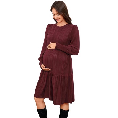 Clearlove Women's Maternity Dress Round Neck Ruffle Long Sleeve Pregnancy Clothes Dress