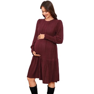 Clearlove Women's Maternity Dress Round Neck Ruffle Long Sleeve Pregnancy Clothes Dress - 1 of 4