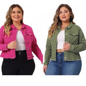 Women's Plus Size 2 Pieces Classic Denim Front Frayed Casual Long Sleeve Fashion Jean Jackets - Agnes Orinda - 1 of 4
