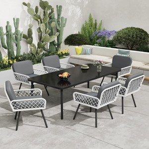 GustoWave 7-Piece Outdoor Dining Set, 59-inch Dining Table and 6 Rattan Chairs, Perfect for Gardens, Backyards, and Poolside Patios, Black and White - 1 of 4