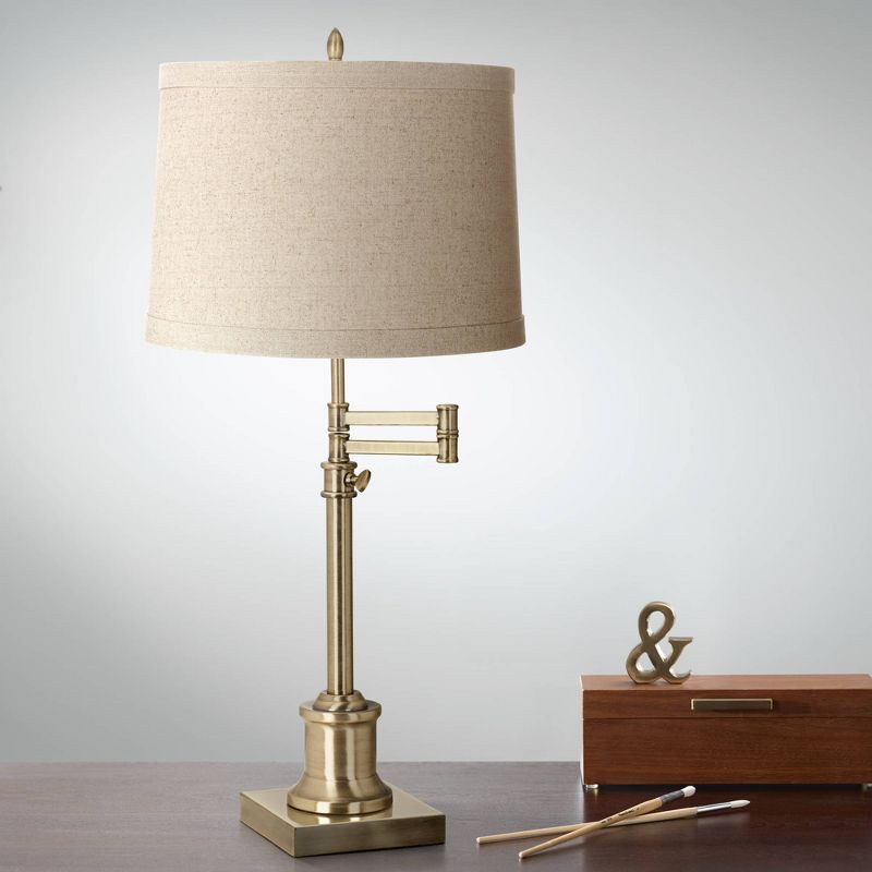 360 Lighting Swing Arm Desk Table Lamp 36" Tall Antique Brass Natural Linen Drum Shade for Living Room Bedroom Nightstand Office Family, 2 of 4