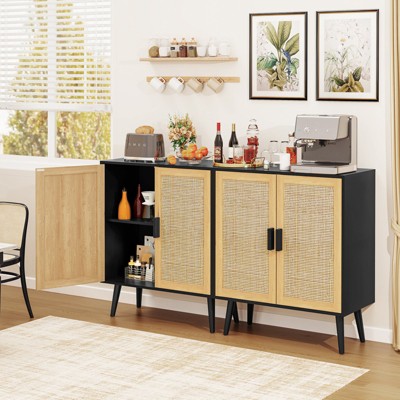 Natural and Black Rattan Storage Cabinet with Adjustable Shelf