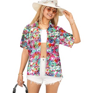 LA LEELA Hawaiian Shirts Womens Floral Summer Beach Party Blouses Shirt V Neck Blouse Short Sleeve Vacation Dress Shirts for Women - 1 of 4