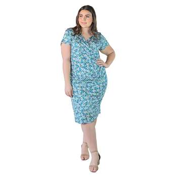 Plus Size Floral Short Sleeves And Knee Length Faux Wrap Dress