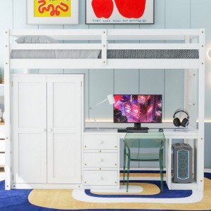 Full Size Loft Bed with Wardrobe, Desk and Storage Drawers, White - 1 of 3