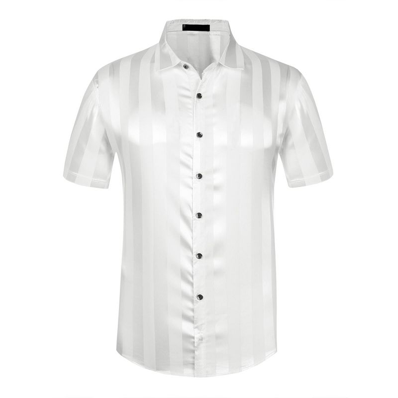 Lars Amadeus Men's Point Collar Button Down Short Sleeve Striped Satin Dress Shirts, 1 of 6