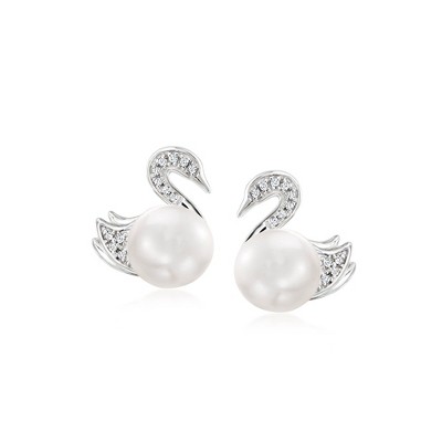 Ross-Simons 7-7.5mm Cultured Pearl Swan Earrings With Diamonds in Sterling Silver